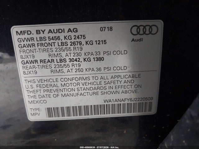 Продаж на аукціоні авто 2018 Audi Q5 2.0t Premium, vin: WA1ANAFY6J2220509, номер лоту: 45565839
