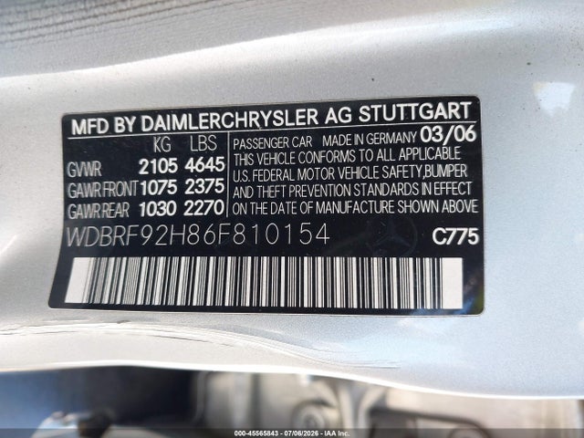 45565843 :رقم المزاد ، WDBRF92H86F810154 vin ، 2006 Mercedes-benz C 280 Luxury 4matic مزاد بيع