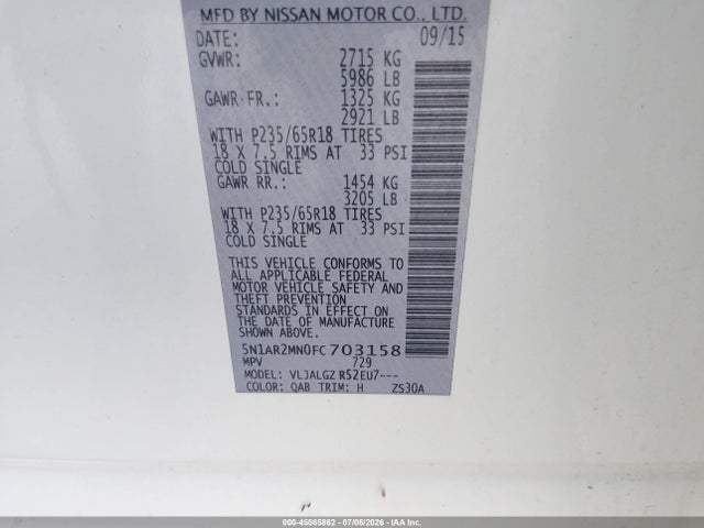Aukcja sprzedaży 2015 Nissan Pathfinder Sl, vin: 5N1AR2MN0FC703158, numer aukcji: 45565862