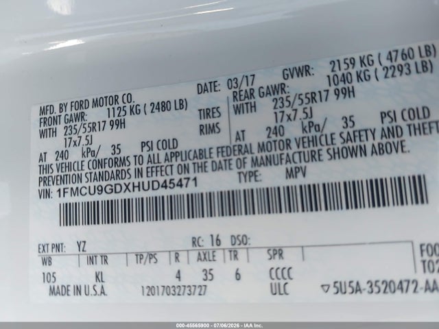 Ford ESCAPE SE 2017 1FMCU9GDXHUD45471 Image 9