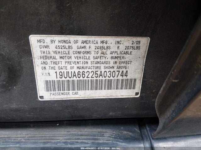 2005 Acura Tl მანქანა იყიდება აუქციონზე, vin: 19UUA66225A030744, აუქციონის ნომერი: 45565931
