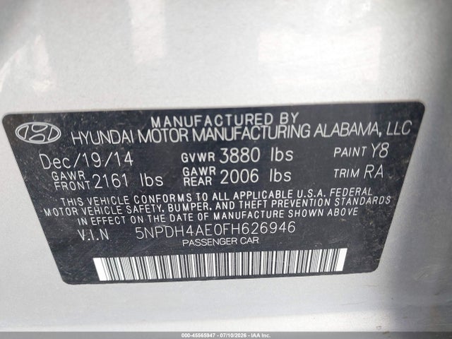 45565947 :رقم المزاد ، 5NPDH4AE0FH626946 vin ، 2015 Hyundai Elantra Se مزاد بيع