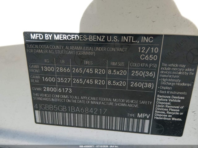 45565971 :رقم المزاد ، 4JGBB5GB1BA684217 vin ، 2011 Mercedes-benz Ml 350 مزاد بيع
