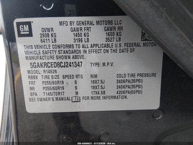 45566021 :رقم المزاد ، 5GAKRCED8CJ241347 vin ، 2012 Buick Enclave Leather مزاد بيع