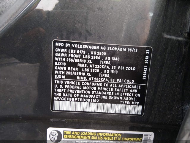 2014 Volkswagen Touareg 3.6l Sport მანქანა იყიდება აუქციონზე, vin: WVGEF9BP7ED001192, აუქციონის ნომერი: 45566032