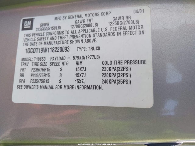 Auction sale of the 2001 Chevrolet S-10 Ls, vin: 1GCDT19W118220093, lot number: 45566036