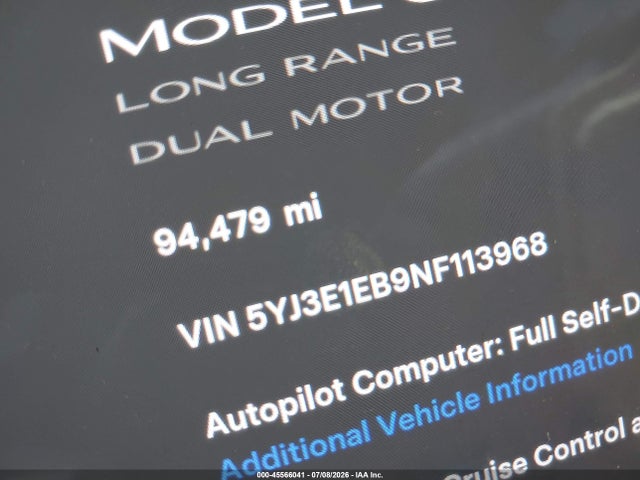5YJ3E1EB9NF113968 Tesla Model 3 Long Range Dual Motor All-wheel Drive