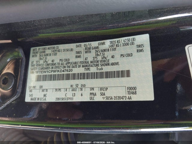 45566051 :رقم المزاد ، 1FTEW1CP9FKD47620 vin ، 2015 Ford F-150 Lariat/xl/xlt مزاد بيع