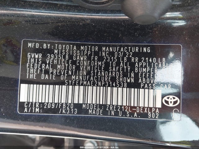 Aukcja sprzedaży 2022 Toyota Corolla Le, vin: 5YFEPMAE2NP314538, numer aukcji: 45566052