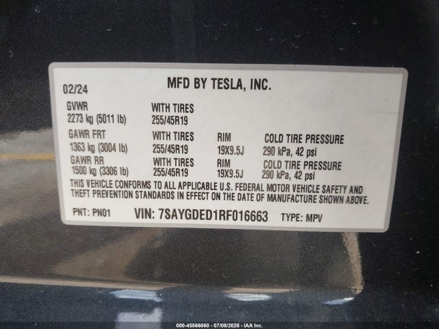Aukcja sprzedaży 2024 Tesla Model Y Long Range Single Motor Rear-wheel Drive/rwd, vin: 7SAYGDED1RF016663, numer aukcji: 45566060