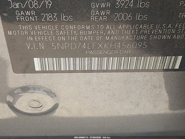 5NPD74LFXKH456095 Hyundai ELANTRA SE