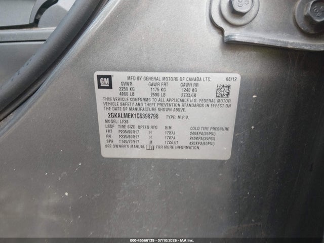 45566139 :رقم المزاد ، 2GKALMEK1C6398798 vin ، 2012 Gmc Terrain Sle-1 مزاد بيع