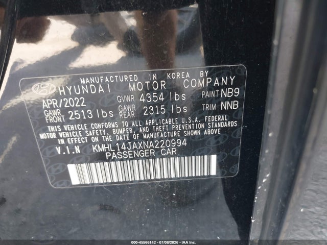 Aukcja sprzedaży 2022 Hyundai Sonata Sel, vin: KMHL14JAXNA220994, numer aukcji: 45566142