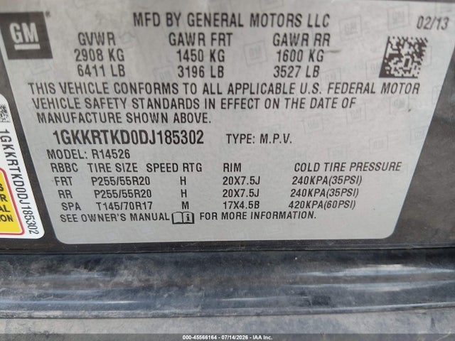 45566164 :رقم المزاد ، 1GKKRTKD0DJ185302 vin ، 2013 Gmc Acadia Denali مزاد بيع