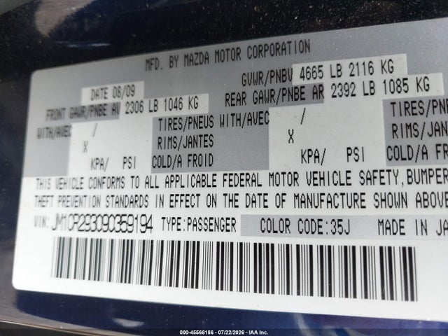 2009 Mazda Mazda5 Touring მანქანა იყიდება აუქციონზე, vin: JM1CR293090359194, აუქციონის ნომერი: 45566186