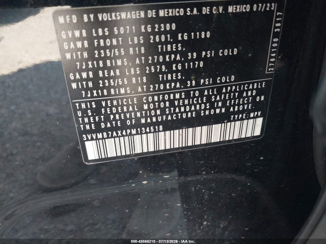 Aukcja sprzedaży 2023 Volkswagen Tiguan 2.0t Se, vin: 3VVMB7AX4PM134518, numer aukcji: 45566210