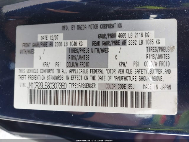 45566219 :رقم المزاد ، JM1CR29L580307350 vin ، 2008 Mazda Mazda5 Sport مزاد بيع