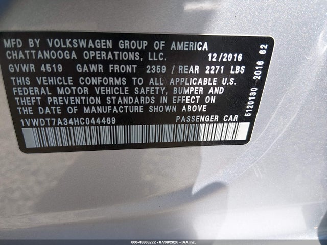 Aukcja sprzedaży 2017 Volkswagen Passat 1.8t R-line, vin: 1VWDT7A34HC044469, numer aukcji: 45566222
