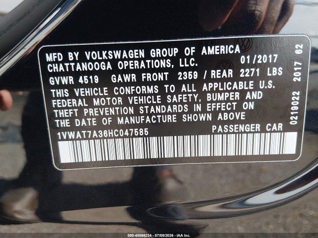 2017 Volkswagen Passat 1.8t S მანქანა იყიდება აუქციონზე, vin: 1VWAT7A36HC047585, აუქციონის ნომერი: 45566234