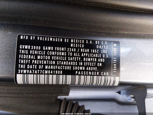 Auction sale of the 2012 Volkswagen Beetle Turbo, vin: 3VWVA7AT7CM641908, lot number: 45566236