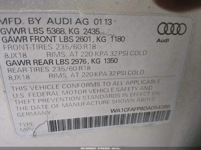 2013 Audi Q5 2.0t Premium მანქანა იყიდება აუქციონზე, vin: WA1CFAFP8DA054386, აუქციონის ნომერი: 45566250