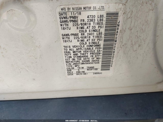 Продажа на аукционе авто 2019 Nissan Rogue Sv, vin: JN8AT2MV0KW387005, номер лота: 45566257