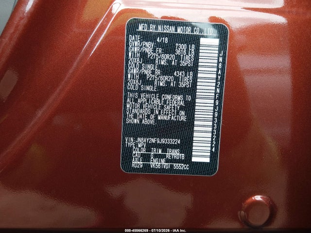 45566269 :رقم المزاد ، JN8AY2NF9J9333224 vin ، 2018 Nissan Armada Platinum مزاد بيع