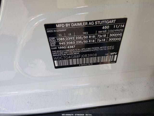 Aukcja sprzedaży 2015 Mercedes-benz Gla 250 4matic, vin: WDCTG4GB8FJ083908, numer aukcji: 45566276