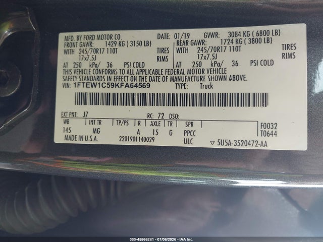 Aukcja sprzedaży 2019 Ford F-150 Xlt, vin: 1FTEW1C59KFA64569, numer aukcji: 45566281