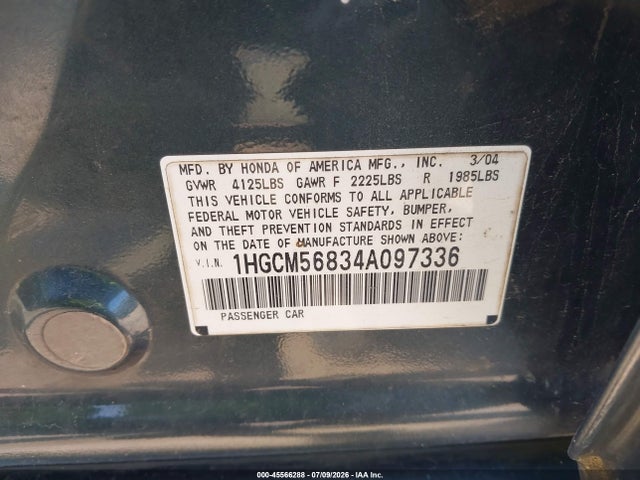 Aukcja sprzedaży 2004 Honda Accord 2.4 Ex, vin: 1HGCM56834A097336, numer aukcji: 45566288