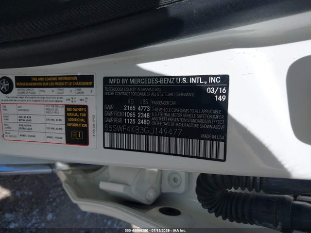 45566290 :رقم المزاد ، 55SWF4KB3GU149477 vin ، 2016 Mercedes-benz C 300 4matic مزاد بيع