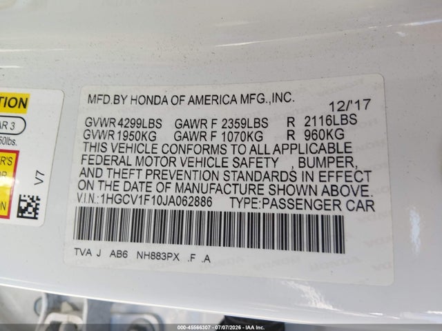 Honda ACCORD LX 2018 1HGCV1F10JA062886 Image 9