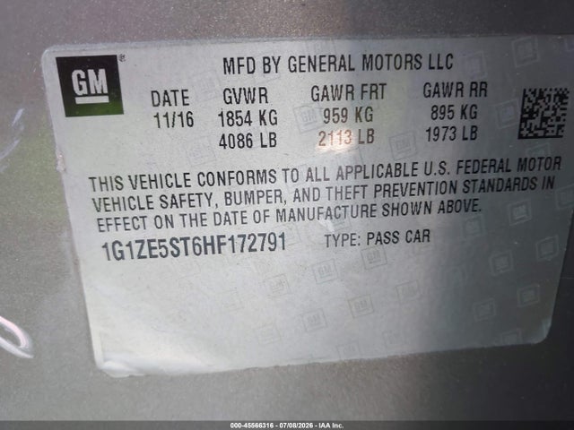 Продаж на аукціоні авто 2017 Chevrolet Malibu 1lt, vin: 1G1ZE5ST6HF172791, номер лоту: 45566316