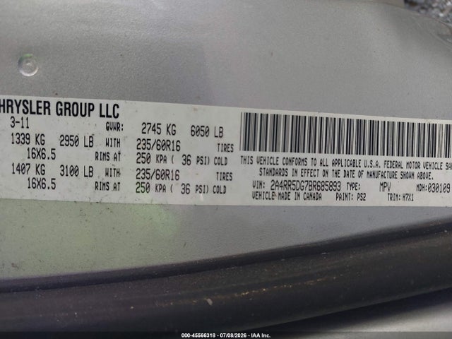 45566318 :رقم المزاد ، 2A4RR5DG7BR685893 vin ، 2011 Chrysler Town & Country Touring مزاد بيع