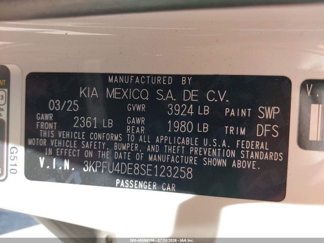Aukcja sprzedaży 2025 Kia K4 Ex, vin: 3KPFU4DE8SE123258, numer aukcji: 45566336