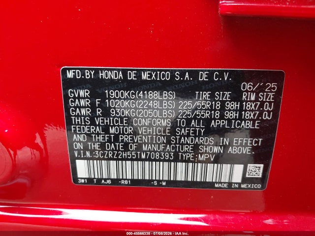 Продаж на аукціоні авто 2026 Honda Hr-v Awd Sport, vin: 3CZRZ2H55TM708393, номер лоту: 45566338