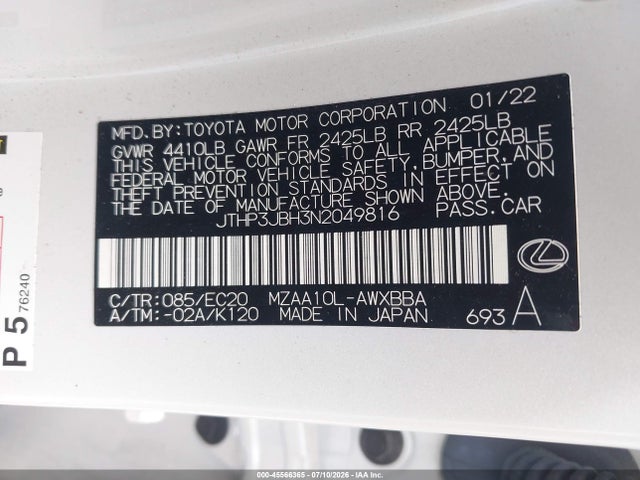 Aukcja sprzedaży 2022 Lexus Ux 200, vin: JTHP3JBH3N2049816, numer aukcji: 45566365