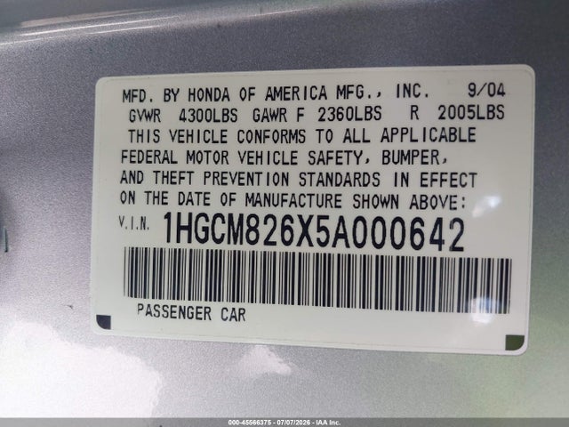 Продажа на аукционе авто 2005 Honda Accord 3.0 Ex, vin: 1HGCM826X5A000642, номер лота: 45566375