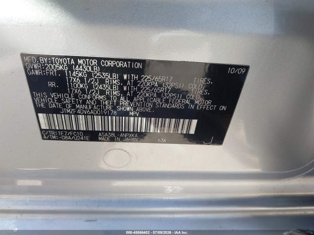 45566402 :رقم المزاد ، JTMZF4DV6AD019178 vin ، 2010 Toyota Rav4 مزاد بيع