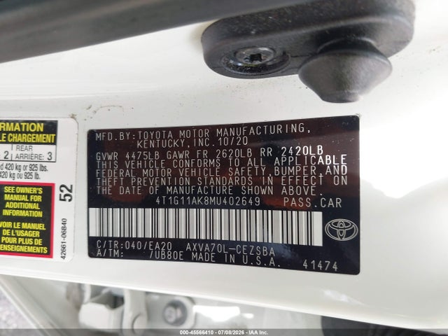 Продаж на аукціоні авто 2021 Toyota Camry Se, vin: 4T1G11AK8MU402649, номер лоту: 45566410