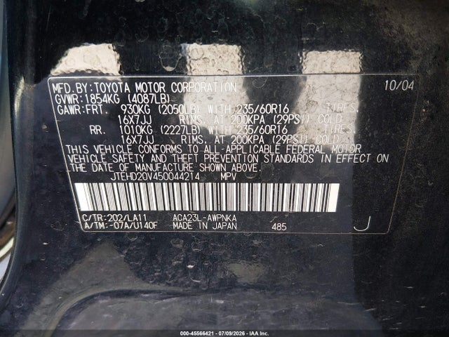 Auction sale of the 2005 Toyota Rav4, vin: JTEHD20V450044214, lot number: 45566421