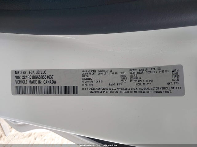 2025 Chrysler Pacifica Select მანქანა იყიდება აუქციონზე, vin: 2C4RC1BG6SR551637, აუქციონის ნომერი: 45566458