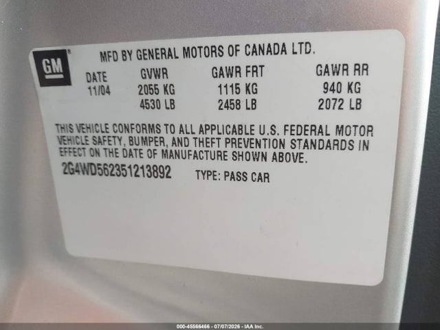 45566466 :رقم المزاد ، 2G4WD562351213892 vin ، 2005 Buick Lacrosse Cxl مزاد بيع