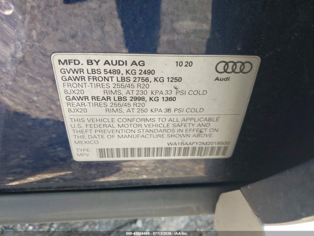 45566469 :رقم المزاد ، WA1BAAFY2M2018500 vin ، 2021 Audi Q5 Premium Plus 45 Tfsi Quattro S Tronic مزاد بيع
