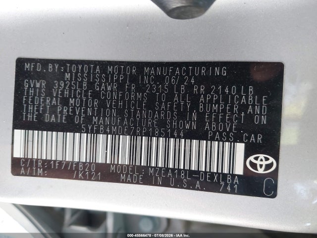 2024 Toyota Corolla Le მანქანა იყიდება აუქციონზე, vin: 5YFB4MDE7RP185144, აუქციონის ნომერი: 45566478