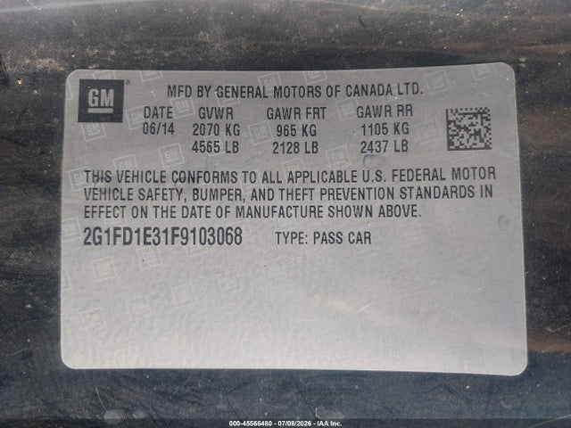 45566480 :رقم المزاد ، 2G1FD1E31F9103068 vin ، 2015 Chevrolet Camaro 1lt مزاد بيع