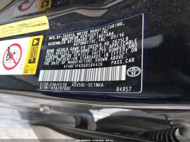 Продаж на аукціоні авто 2016 Toyota Camry Le, vin: 4T4BF1FK0GR584426, номер лоту: 45566528