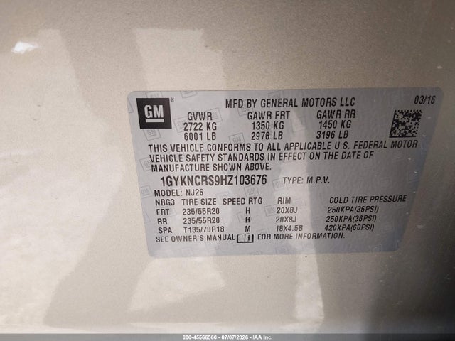 45566560 :رقم المزاد ، 1GYKNCRS9HZ103676 vin ، 2017 Cadillac Xt5 Premium Luxury مزاد بيع