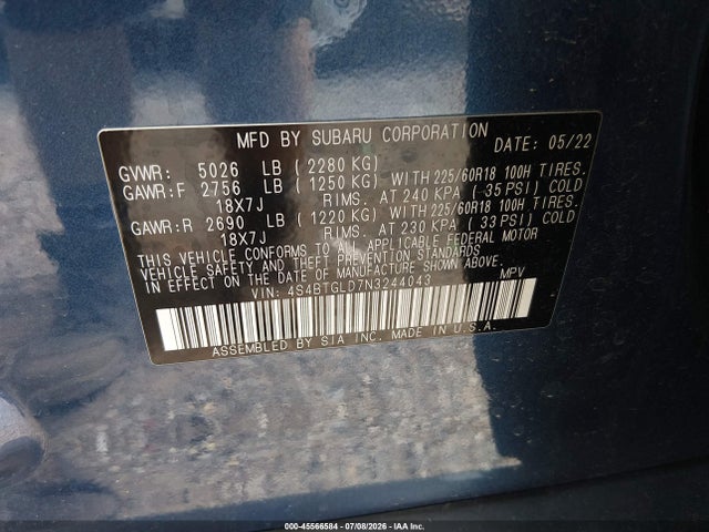 Продаж на аукціоні авто 2022 Subaru Outback Onyx Edition Xt, vin: 4S4BTGLD7N3244043, номер лоту: 45566584