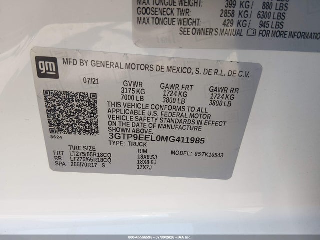 Продаж на аукціоні авто 2021 Gmc Sierra 1500 4wd  Short Box At4, vin: 3GTP9EEL0MG411985, номер лоту: 45566595